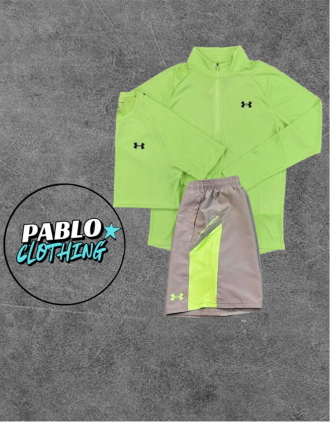 UNDER ARMOUR MORPH GREEN/GREY3 PIECE SET - QUARTER ZIP / T SHIRT / SHORTS